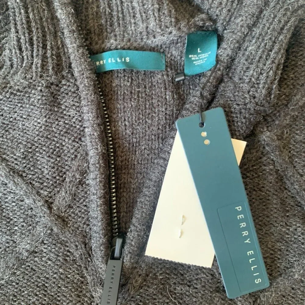 Perry Ellis Mens Quarter Zip  Sweater Size L Soft‎ Cable Knit Gray NEW with tags